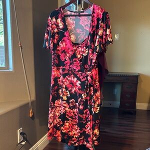 White House Black Market Floral Wrap Dress - Black and Pink